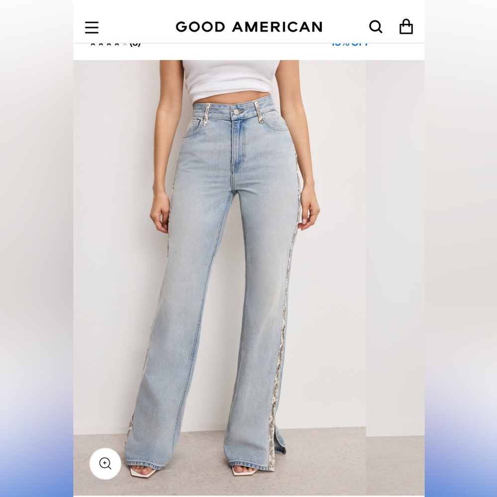NWT Good American Blue Flare Jeans with White Accents